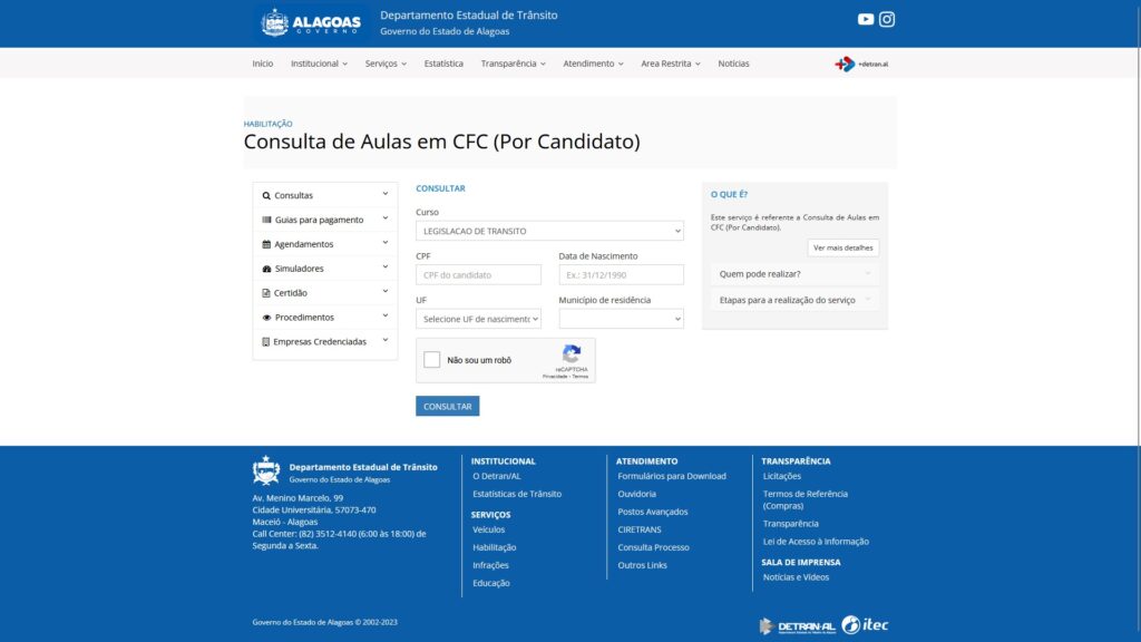 consulta de aulas em cfc (por candidato) detran al