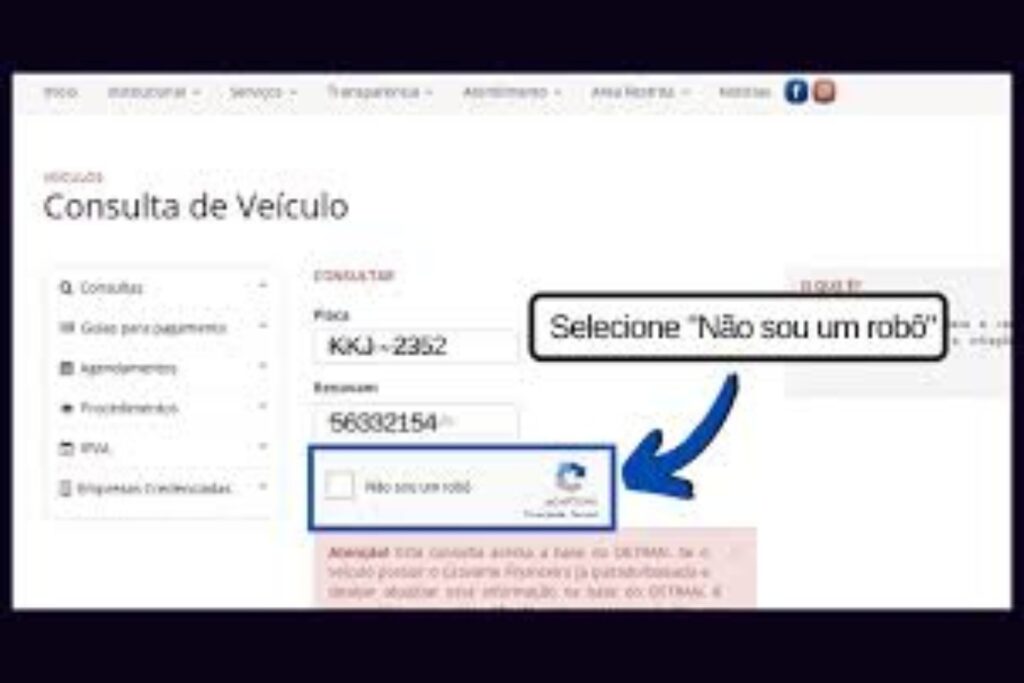 Consulta de veículo, selecione 'Não sou um robô'.